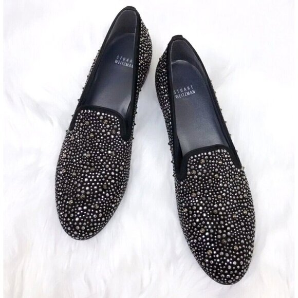 Stuart Weitzman Sz 6 M 6M Black Silver Studded Spiked Smoking Loafers Shoes - Picture 1 of 16